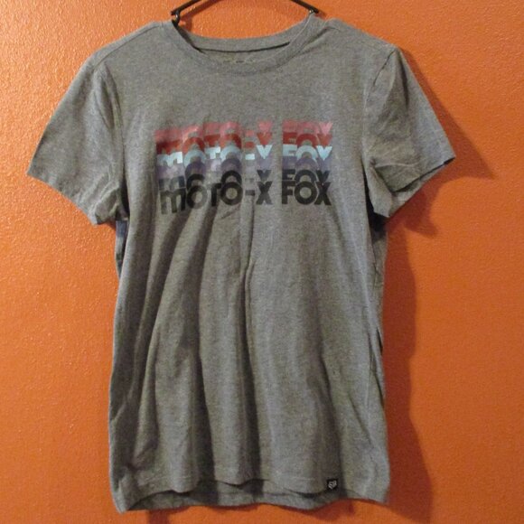 FOX HEAD Woman Medium Gray Blue Red Graphic Motocross Short Sleeve Shirt - Picture 1 of 7